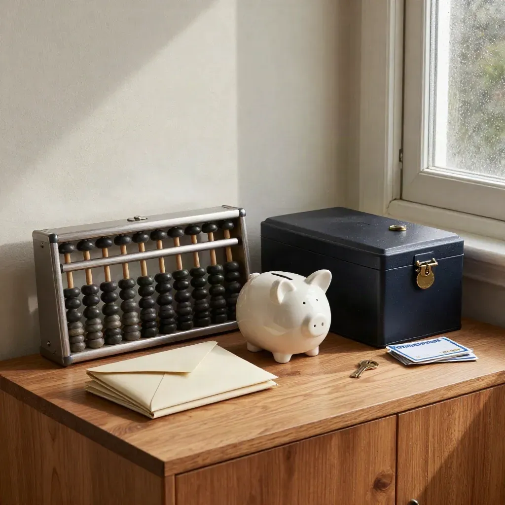 Finansiell stillbild med abacus, kassaskrin och kuvert på ekhylla i mjukt morgonljus.