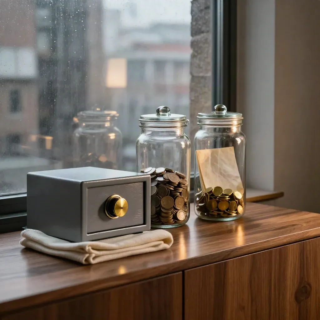 En varm sideboard med två sparglas, ett kassaskåp och utsikt mot stadens fönsterljus.