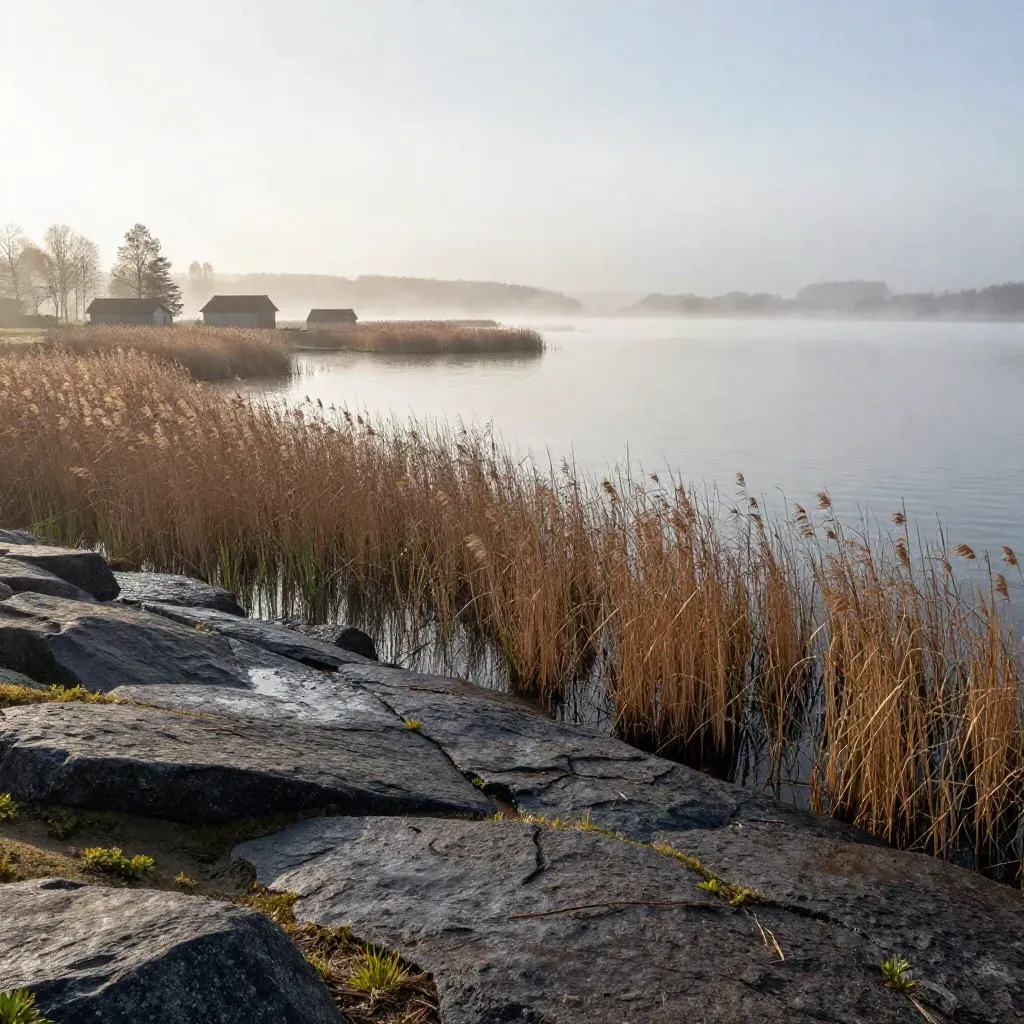 Mälardalens strand med vass, dimma och låga gårdstak i morgonljus.