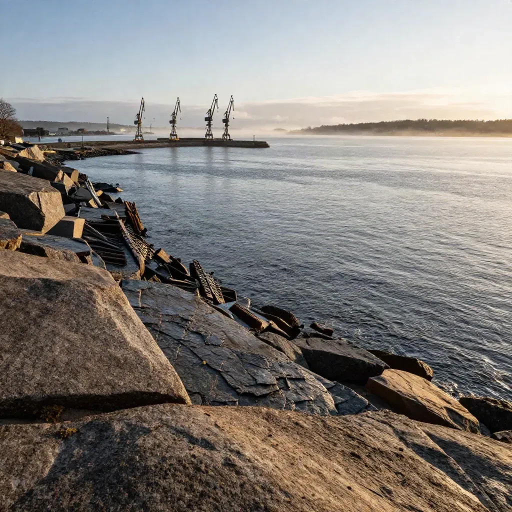 Göteborgsregionens kust vid solnedgång med hamninlopp, skärgård och kranar i blå dis.